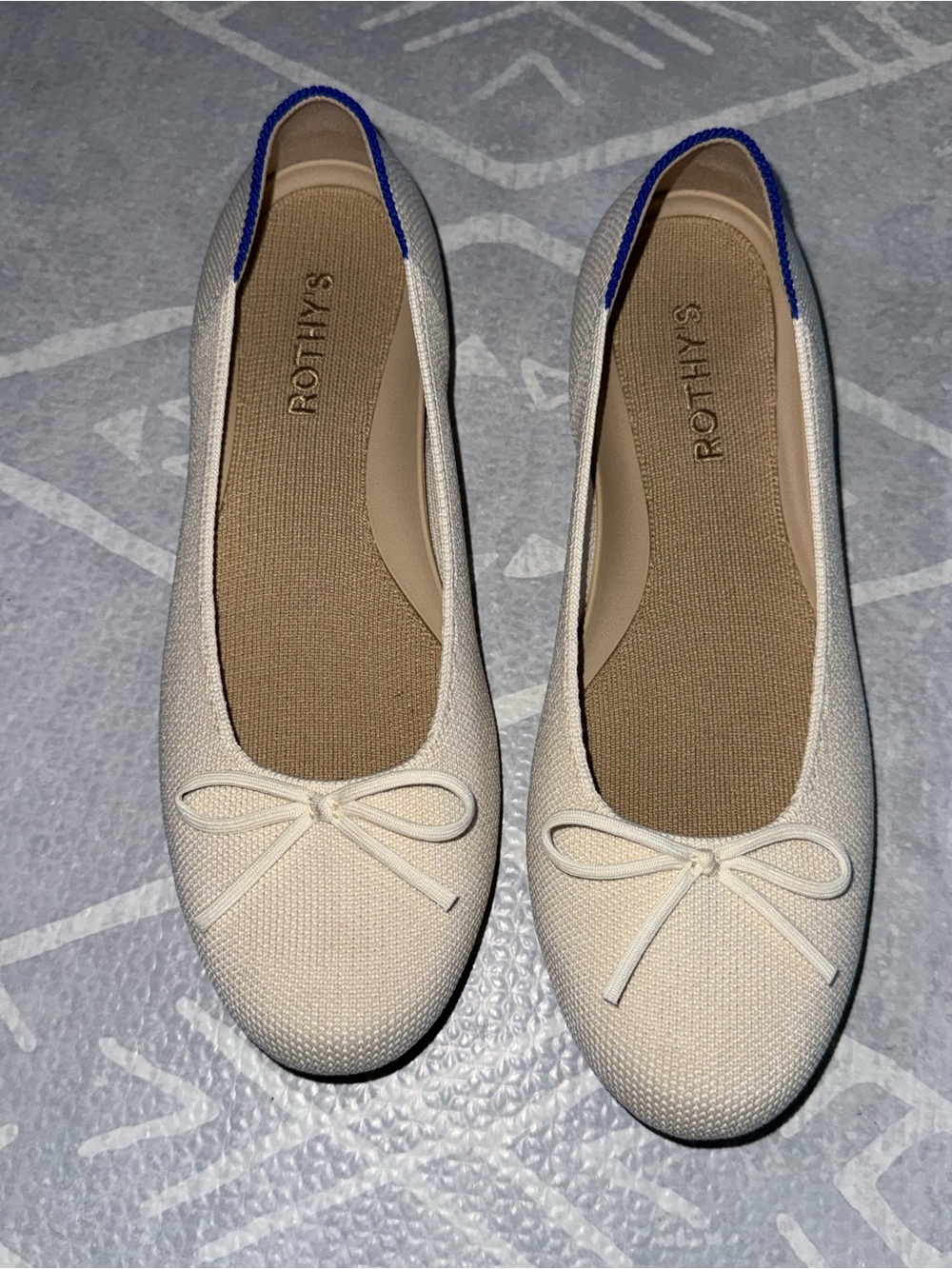Rothy's Cream Knit Ballet Flats with Blue Trim